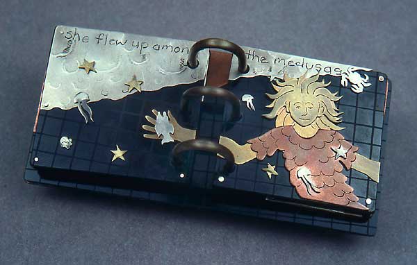 artist's book made of brass, copper, formica, illustrating Italo Calvino's story The Distance of the Moon